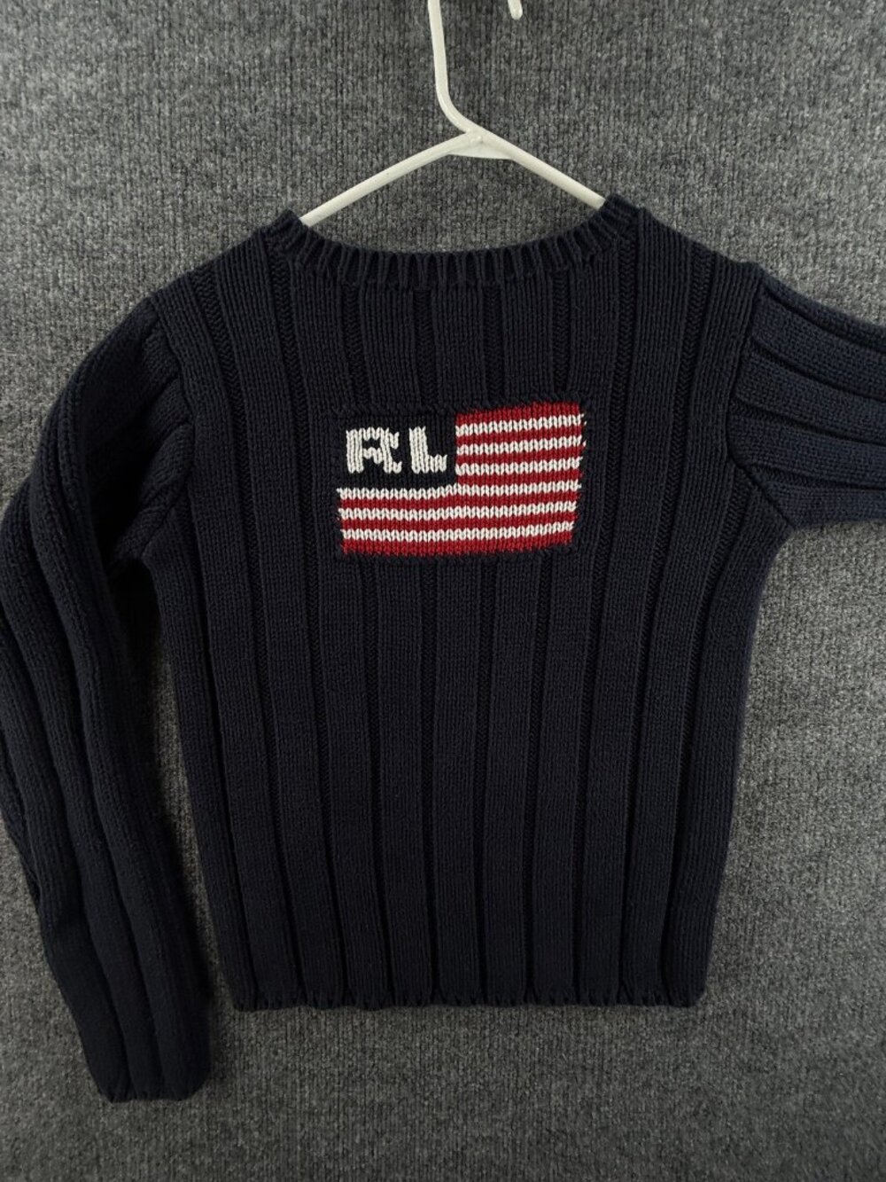 Ralph Lauren Ribbed Stretch USA Flag Polo Jeans Company Logo Sweater Medium Blue